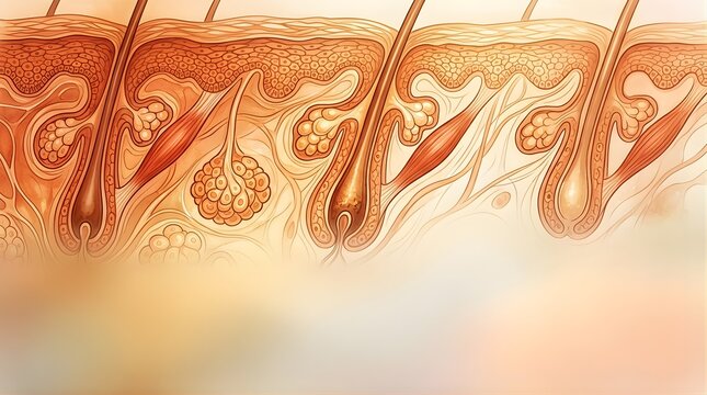 Detailed cross-section illustration of human skin anatomy and hair follicles