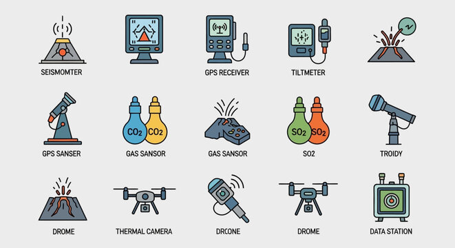 Volcano Monitoring Equipment Icons: Seismometer, GPS, Drones, Gas Sensors