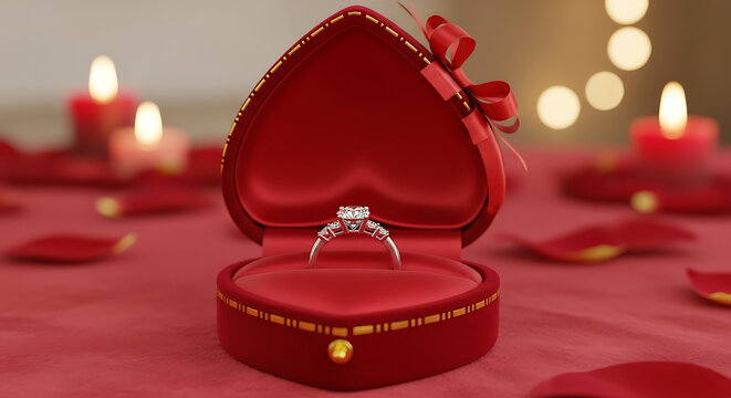 Engagement ring in a heart shaped box surrounded by candles and rose petals on a red surface ai generated
