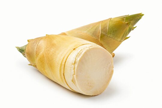 Fresh raw bamboo shoots isolated on a white background. Organic young bamboo sprout, healthy ingredient for cooking asian cuisine, soup, and stir-fry dishes.