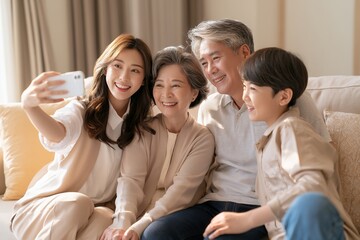 Fototapeta premium Happy multi generation family taking selfie together at home