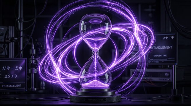 Glowing violet energy vortex in hourglass shape. Futuristic plasma rings swirling with neon light effects.