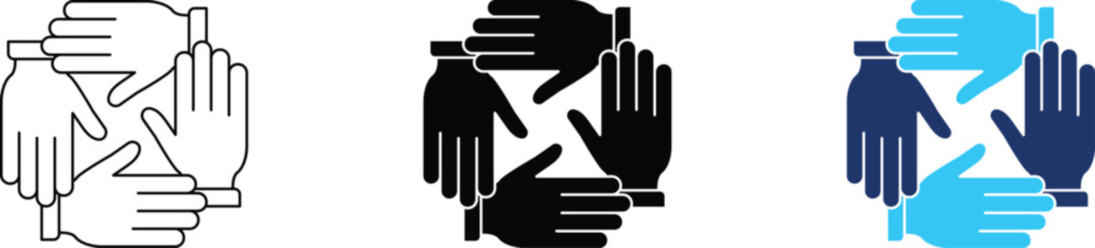 Joined hands circular icon set. Teamwork and unity symbol. Simple pictogram for collaboration, partnership, support, trust, community, union, agreement and business design.