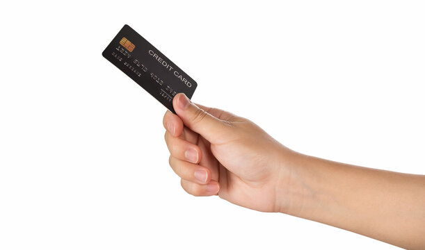 Hand hold credit card isolated on white background.