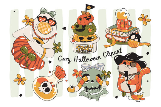 Cute Hand Drawn Cozy Halloween Clipart Collection. Vector Illustration.