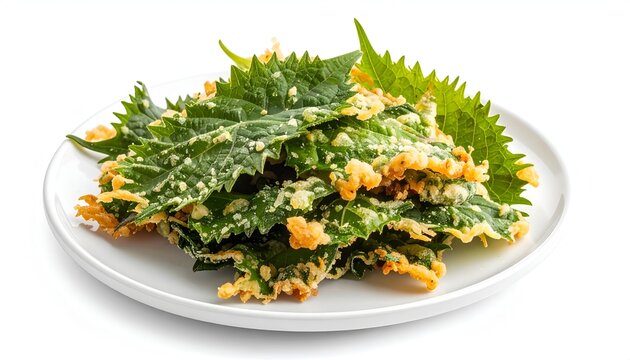 Crispy golden batter deep-fried green shiso perilla leaves tempura on white ceramic plate