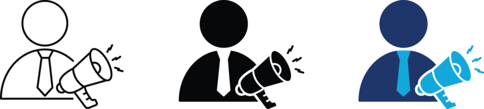 Public relations spokesperson icon set, businessman profile with megaphone loudspeaker symbol collection, marketing promotion, news announcement, PR broadcasting, line outline, glyph, flat color.