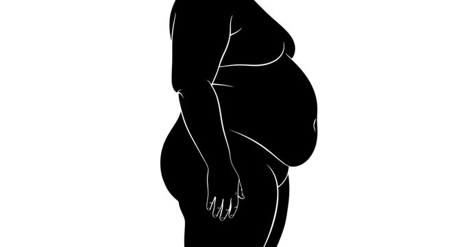 Black silhouette of an obese person from the side, depicting a large belly and rounded body shape against a white background.