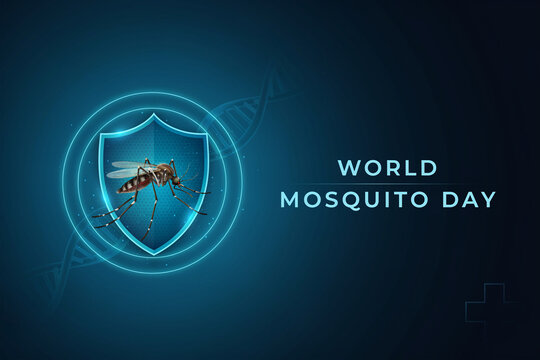 World Mosquito Day banner design with mosquito inside shield icon. Blue medical background with DNA helix. Vector illustration for health awareness campaigns and social media.