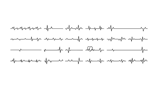 Set of black heartbeat ekg lines, pulse rhythm variations, and a single heart shape on a white background