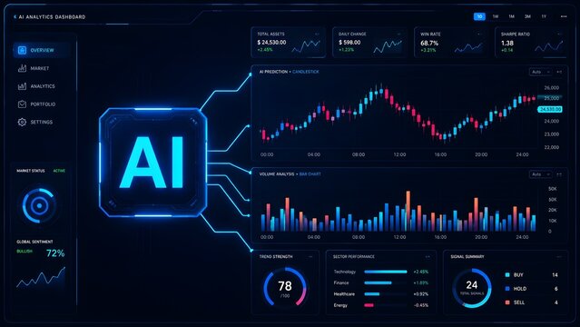 Futuristic AI analytics dashboard interface showing financial stock market data with glowing candlestick charts and predictive growth metrics