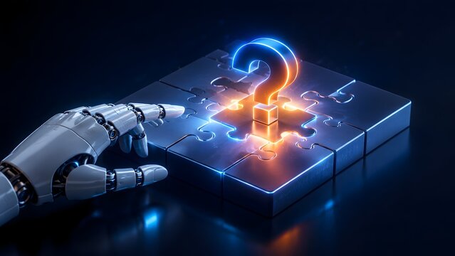 Robotic finger touching a glowing question mark on a metallic puzzle surface representing artificial intelligence finding answers to complex digital mysteries