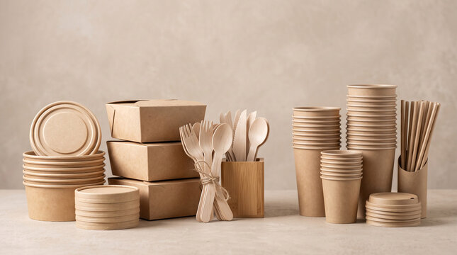 Eco friendly wooden takeout containers and utensils arrangement on neutral background with displays neatly organized collection biodegradable wooden food containers