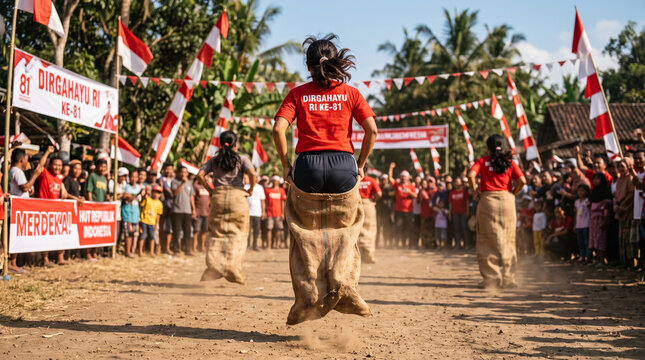 Participants competing in a traditional sack race during Indonesian Independence Day celebration event outdoors