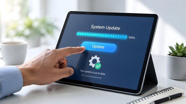Finger touching the update button on a tablet displaying a 100 percent complete system update screen in a modern office