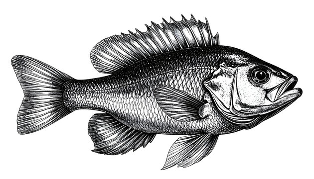 Vintage Sunfish Illustration Isolated Transparent Background Black And White Line Art