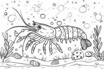 Fototapeta premium Cartoon-style shrimp under the sea, kids coloring page with bold outlines