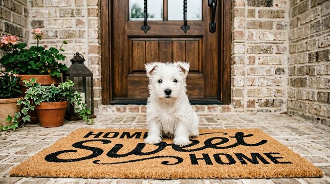 A cute white puppy sitting on a home sweet home doormat in front of a rustic wooden front door