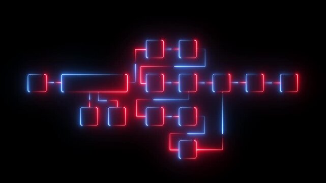 Futuristic neon flowchart diagram with glowing connected blocks and dynamic digital pathways representing system workflow, data processing, and modern technology architecture.