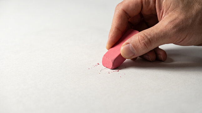 Hand Holding Rubber Eraser Erasing Pencil Mark on White Paper, Concept of Perfectionism and Fear of Mistakes
