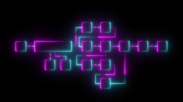 Futuristic neon flowchart diagram with glowing connected blocks and dynamic digital pathways representing system workflow, data processing, and modern technology architecture.