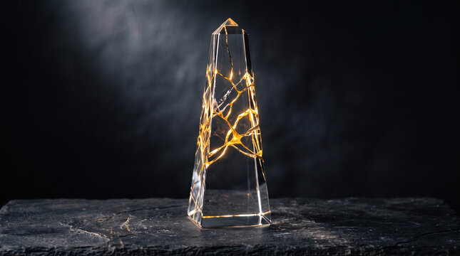Glass Corporate Award Obelisk Repaired with Kintsugi Gold Veins on Slate, Metaphor for Learning from Mistakes and Resilience
