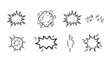 Set of eight hand-drawn comic book explosion and impact effects, black ink outlines on white background © Siddhartha