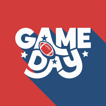 Game Day football typography banner design with American football graphic and stars vector illustration. Patriotic sports game day poster template, blue and red graphic sticker.