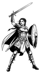 Fototapeta premium Warrior Woman with Sword and Shield Ready for Battle