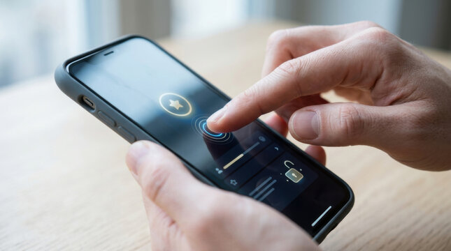 Smartphone touch screen finger tap mobile app digital interface close up hand gesture technology wireless connectivity home screen unlock screen