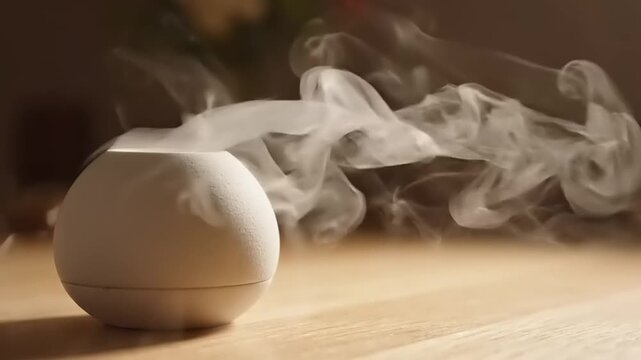 Minimalist Ceramic Essential Oil Diffuser with Steam Mist on Wooden Table
