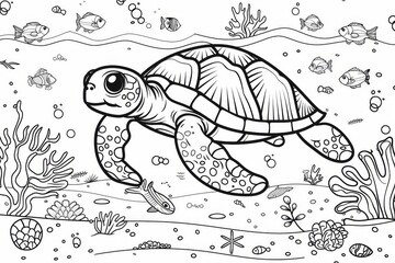Fototapeta premium Cute cartoon sea turtle, coloring page for children with clean contours
