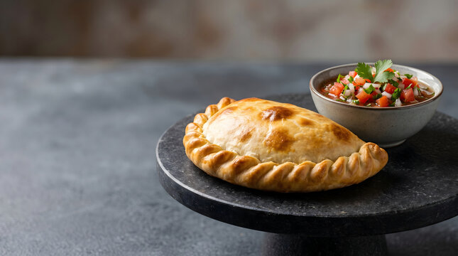 Traditional Chilean empanada served with fresh Pebre salsa on dark stone