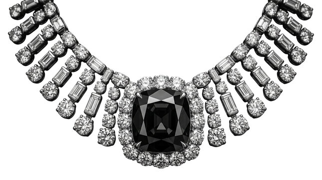 Vintage diamond necklace with large black gemstone, luxury antique jewelry with white diamonds, elegant art deco style collar necklace on white background