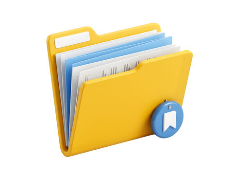 3d render of a yellow office folder with documents and bookmark icon isolated on transparent background