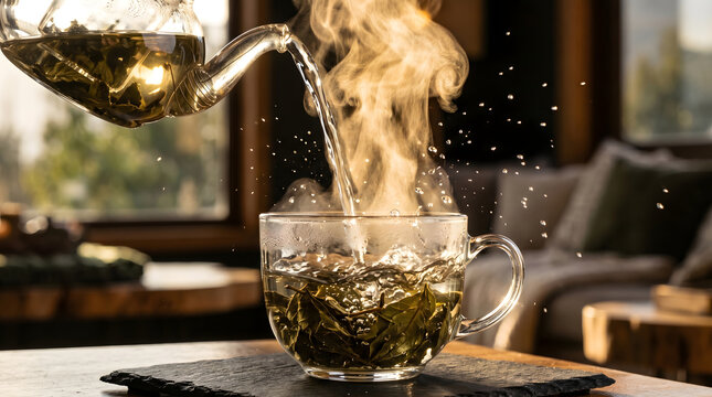 Hot boldo tea infusion with rising steam in glowing golden backlight
