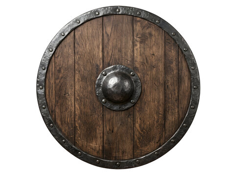 A round wooden medieval viking shield with metal rim isolated on transparent background