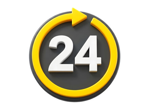 Three dimensional icon representing twenty four hour service isolated on transparent background