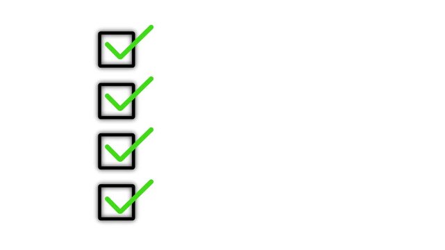 Animated checklist with green checkmarks in square boxes. Task completion animation on white background. Perfect for productivity, to-do lists, goals, Motion graphics of successful concept