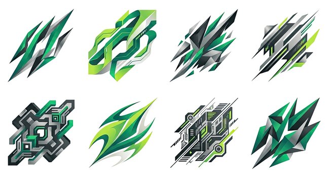 Green abstract tech geometric icon collection.