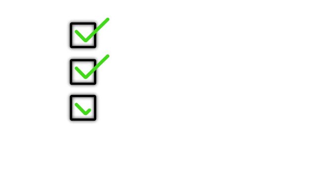 Animated checklist with green checkmarks in square boxes. Task completion animation on white background. Perfect for productivity, to-do lists, goals, Motion graphics of successful concept