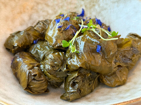 Georgian dolma in grape leaves. Georgian stuffed grape leaves. Dolmades.