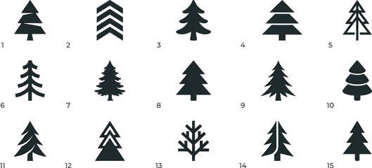 Obraz premium Minimalist Pine and Fir Tree Silhouette Icon Collection Featuring Abstract Geometric Conifer Vectors for Winter Holidays Christmas Graphic and Forest Branding Designs