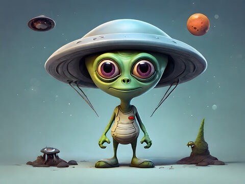 Cute green alien wearing a UFO hat. Extraterrestrial character design for sci-fi concepts.