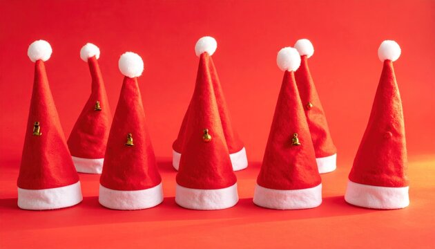 Group of festive Santa Claus hats arranged on a bright red background.
