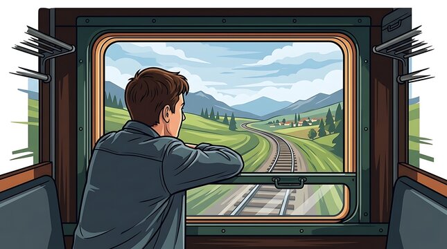 Young man looking out the rear window of a moving train at mountains