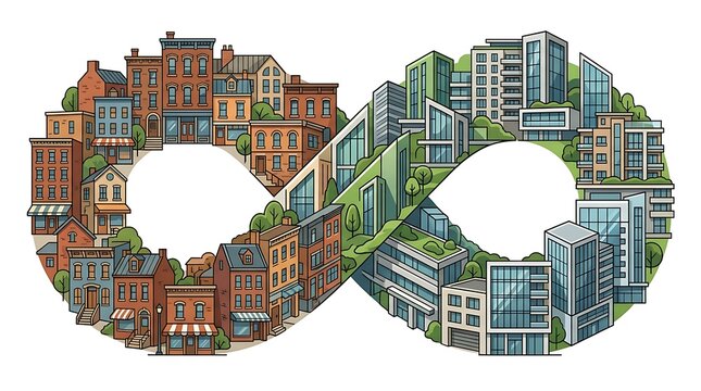 Infinity symbol shaped by historic and modern urban architecture