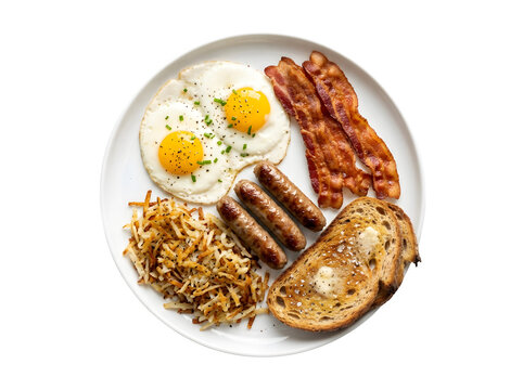 A hearty breakfast plate with eggs bacon sausage hash browns and toast isolated on transparent background