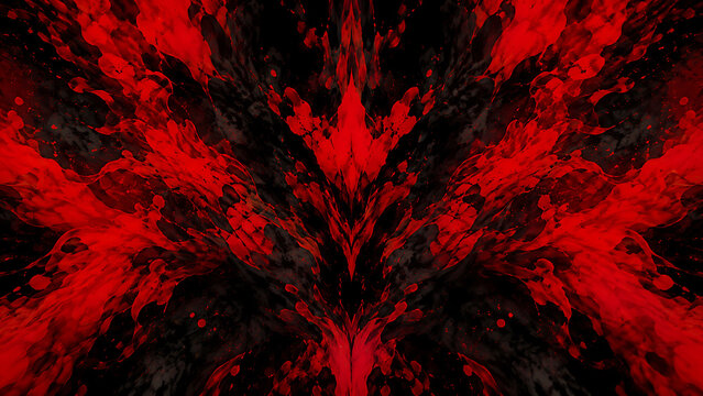 Dark Moody Red Ink Splatter and Smoke Abstract Symmetric Background, Dramatic Crimson and Black Rorschach Inkblot Artistic Texture