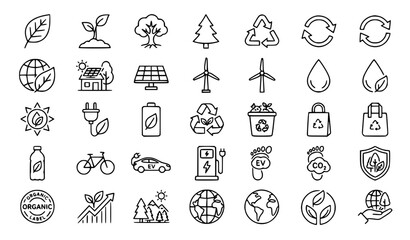 Fototapeta premium Premium eco, environment, green energy and sustainability line icons set